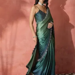 Saree Mall Teal blue Satin Embellished Saree with Blouse Piece-image-21