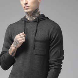 The Roadster Lifestyle Co. Men Charcoal Solid Acrylic Hooded Pullover With Pocket Detail-image-79