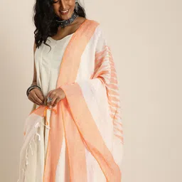 Taavi White & Orange Ethnic Motifs Woven Design Pure Cotton Ikat Dupatta-51
