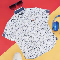 Pantaloons Junior Kids White & Blue Cotton Printed Shirt-picture-32