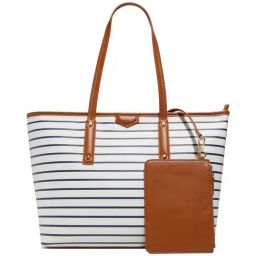 ALDO White & Blue Striped Large Tote Handbag with Pouch-image-115
