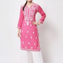 PARAMOUNT CHIKAN Hot Pink Cotton Hand Embroidered Chikankari Straight Kurta-picture-44