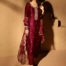 Libas Maroon Embroidered Kurta Pant Set With Dupatta-image-13