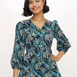 DressBerry Women V-Neck Ethnic Motifs Printed Puff Sleeve Top-image-99