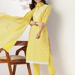 Janasya Women Yellow Pure Cotton Embroidered Straight Kurta Set-image-36