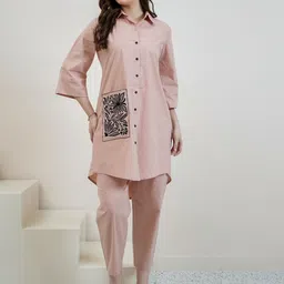 Boho By Athena Embroidered Pure Cotton Shirt Collar Shirt With Trousers Co-Ords-image-72