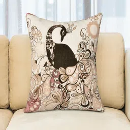 BED-SHEET.COM Cream-Coloured Peacock Digital Printed Jute Cotton Square Cushion Cover-image-97