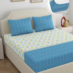 Home Ecstasy Blue Printed Pure Cotton Fitted140 TC Double King Bedsheet Set 1.83m x 1.98m-picture-5