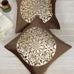 HOSTA HOMES Brown & Gold-Toned 2 Pieces Floral Foil Printed Velvet Square Cushion Covers-image-94