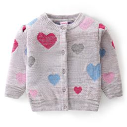 Babyhug Knit Full Sleeves Front Open Sweater with Heart Design - Light Grey-picture-0