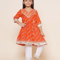 AJ Dezines Cotton  Three Fourth Sleeves Lehariya Printed & Gota Lace Embellished  Anarkali Kurta & Pyjama Set   - Orange-image-24