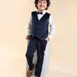 Babyhug Woven  Full Sleeves Polka Dot Print Party Suit With Velvet Waist Coat - Navy Blue-image-88