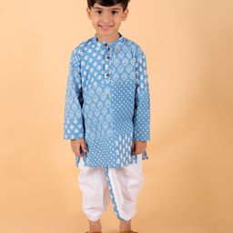 MoMaa Pure Cotton  Full Sleeves Jaipuri Ethnic Motif Printed Kurta With Coordinating Dhoti Set - Blue-image-84