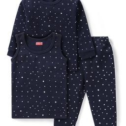 Babyhug Full Sleeves Vest Pullover & Bottom Thermal Wear Combo Star Print Pack Of 3 - Navy Blue-image-6