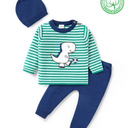 Babyhug Cotton Knit FullSleeves Sweater Set with Cap Dino Design - Mint Green & Navy Blue-image-90