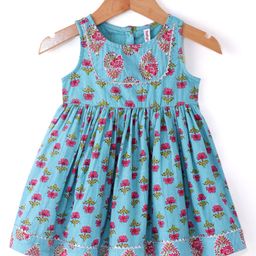 Babyhug Cotton Woven Sleeveless Ethnic Frock with Floral Print & Sequin Detailing - Blue-image-17
