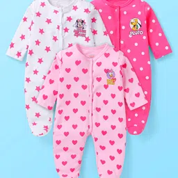 Babyhug Disney Interlock Knit Full Sleeves Sleep Suits With Minnie Mouse & Friends Graphics - White Pink & Dark Pink-picture-17