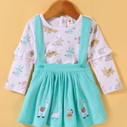 ToffyHouse 100% Cotton Knit Full Sleeves Animal Printed Top with Corduroy Embroidered Skirt - Aqua Blue-picture-28