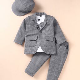 Robo Fry Lycra Knit Full Sleeves Checkered  Blazer  T-Shirt & Trouser Set with Attached Bow & Hat - Grey-picture-20