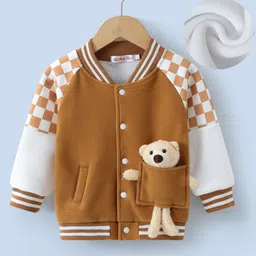 Kookie Kids Full Raglan Sleeves Bomber Jacket with Checks Design & Teddy Bear Applique - Brown-picture-5