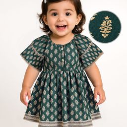 EARTHY TOUCH Single Jersey Knit Half Raglan Flutter Sleeves Dress with Floral Foil Print- Dark Green-image-41