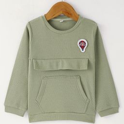 Olio Kids Cotton Knit Full Sleeves Winter Wear T-Shirt with Kangaroo Pocket & Hot Air Balloon Patch - Olive Green-image-89