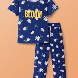 Pine Kids Single Jersey Knit Half Sleeves Night Suit With Text & Floral Print - Navy-image-49