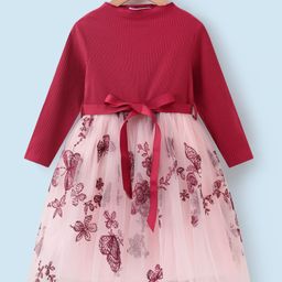 Kookie Kids Full Sleeves Party Frock With Floral Embroidery & Bow Applique - Red-image-89
