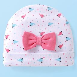 Babyhug Interlock Knit Cap With Bird & Polka Dot Print & Bow Applique - White-picture-8