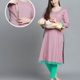 True Shape Three Fourth Sleeves Leaves Printed Maternity Kurta With Concealed Zipper Nursing Access - Baby Pink-image-20