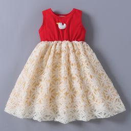 Mark & Mia Sleeveless Solid Color Duck Applique & Lace Detailing Fit & Flared Party Frock - Beige & Red-image-4