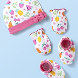Babyhug 100% Cotton Knit Cap Mittens & Booties With Floral & Fruit Print & Bow Applique - White-image-105