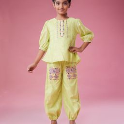 MASTARANG Cotton Lurex Three Fourth Puffed Sleeves Foil Striped Floral Embroidered Coordinating Top & Pant Set - Lime Green-image-98