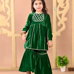 Superminis Velvet Full Sleeves Gota Lace Embellished Kurta Sharara Set - Green-image-37