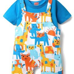 Babyhug Single Jersey Knit Half Sleeves T-Shirt & Dungaree With Animal Print - Yellow & Blue-picture-11