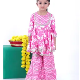 aatya kiids AATYA by Shruti Agarwal Cotton Three Fourth Sleeves Floral Printed Lace Embellished Kurta Sharara Set - Pink-picture-39