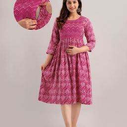 CeleBravo Rayon Three Fourth Sleeves Paisley Printed Maternity Dress With Nursing Access - Dark Pink-image-11