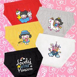 NUSYL Cotton Pack Of 5 Princess & Castle Printed Panties - Red Grey Yellow White & Black-image-85