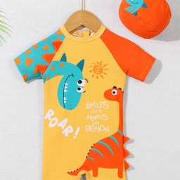 Mark & Mia Half Raglan Sleeves Legged Swimsuit With Dino Print & Cap - Orange-image-76