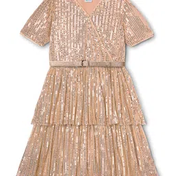 Hola Bonita Knit Half Sleeves All Over Sequin Layered Party Dress With Belt - Peach-picture-12