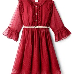 Hola Bonita Woven Three Fourth Sleeve Dobby Dress with Frill Detailing & Belt - Maroon-picture-39