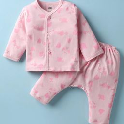 Pink Rabbit Single Jersey Knit Full Sleeves Co-ords Front Open Night Suit With Animal Print - Pink-image-72