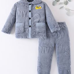 Mark & Mia Full Sleeves Front Open Winter Wear Night Suit with Peter Pan Collar & Kitty Patch - Grey-picture-29