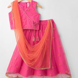 Babyhug Net Woven Sleeveless Choli Lehenga Set with Dupatta & Floral Embroidery - Fuchsia-picture-24