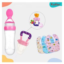 Kritiu Baby Feeding Combo 1 Food Feeder 1 Fruit Nibbler With 3 cotton Waterproof Bibs -(Pack of-5) Pink-3