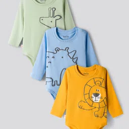 Bonfino 100% Cotton Knit Full Sleeves Onesies with Animal Print Pack Of 3 - Light Blue Olive Green & Yellow-picture-33