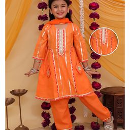 AJ Dezines Cotton Woven Three Fourth Sleeves Gota Lace Embellished & Striped Designed Kurti Pant With Dupatta Set - Orange-image-89