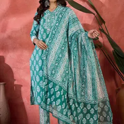 Sangria Floral Printed Pure Cotton Straight Kurta With Trousers & Dupatta-image-59