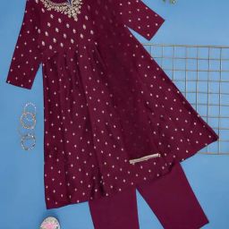 Akkriti by Pantaloons Kids Wine Embroidered Kurta Set-image-39
