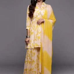 Varanga Beige Floral Print Kurti Sharara Set With Dupatta-image-35